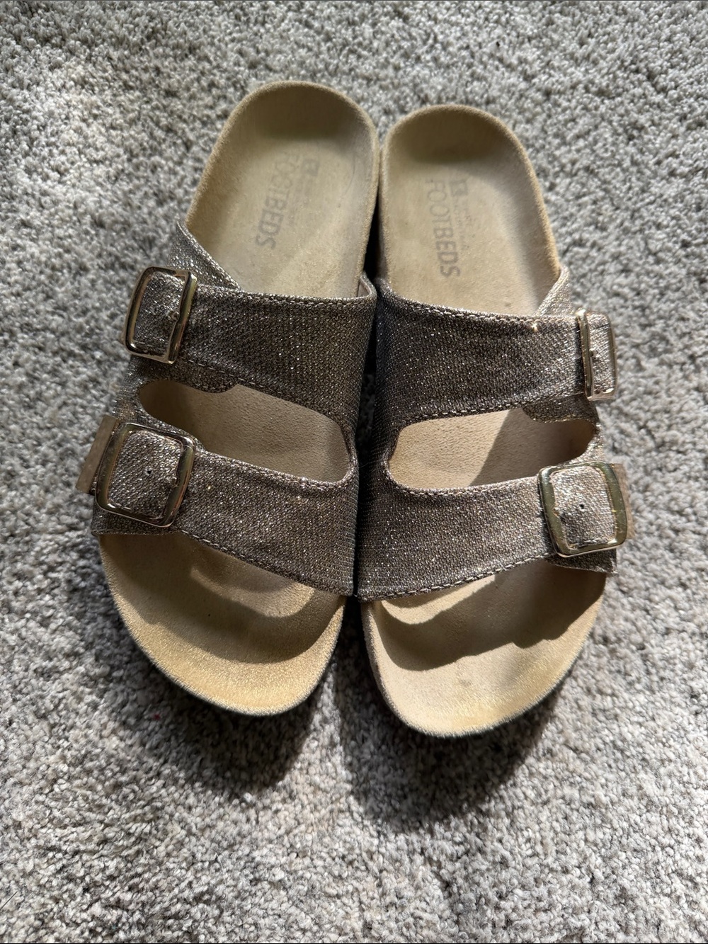 Women’s glitter Double-Buckle Slide Sandals. Color is sparkley gold.